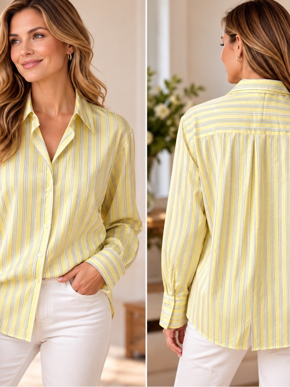 Maison d’Amélie Paris Yellow Striped Button Down Blouse Size M